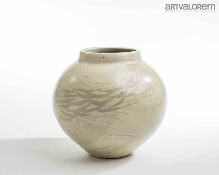 Artwork by Robert Deblander, Small-necked porcelain stoneware ball vase with celadon glaze and abstract design, Made of Porcelain Stoneware