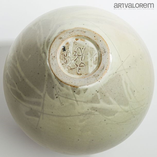 Artwork by Robert Deblander, Small-necked porcelain stoneware ball vase with celadon glaze and abstract design, Made of Porcelain Stoneware