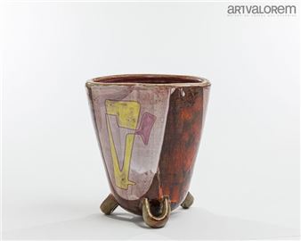 Glazed earthenware flared tripod vase with polychrome pasigraphy on both sides - Juliette Derel