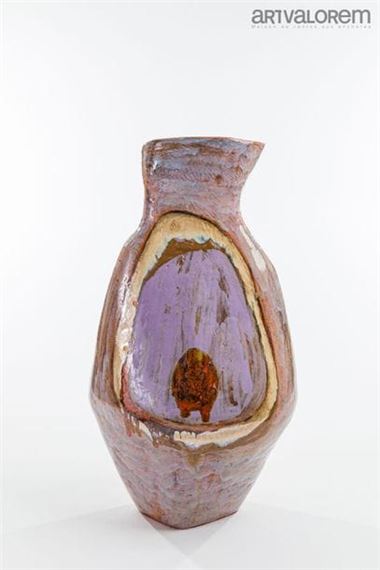 Polychrome enameled terra cotta vase with off-center neck - Juliette Derel