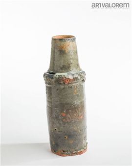 Grey enameled terra cotta tubular vase with openwork shoulder - Camille Virot