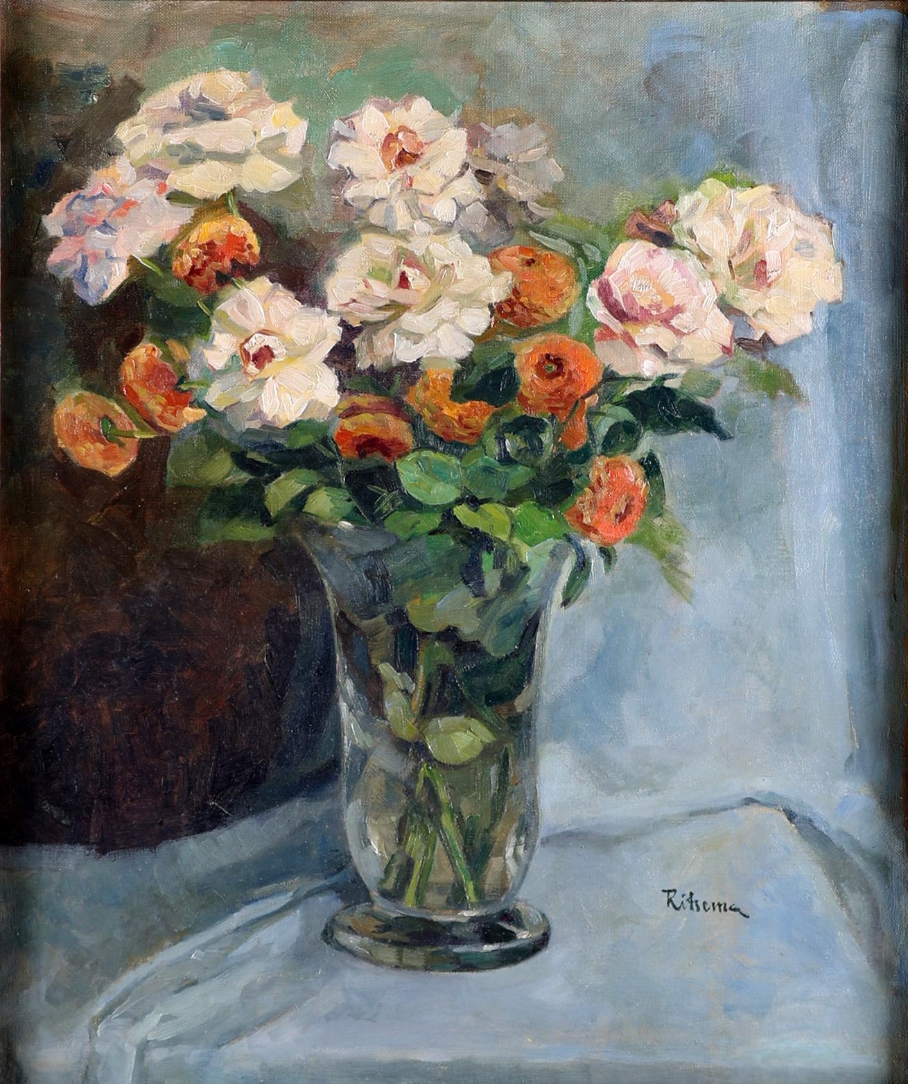 Artwork by Coba Ritsema, Gevarieerd bloemstilleven, Made of olieverf op doek