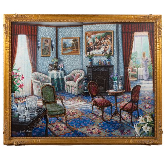 A richly detailed interior scene featuring a formal living room with ornate furniture, floral patterns, and classical art.
