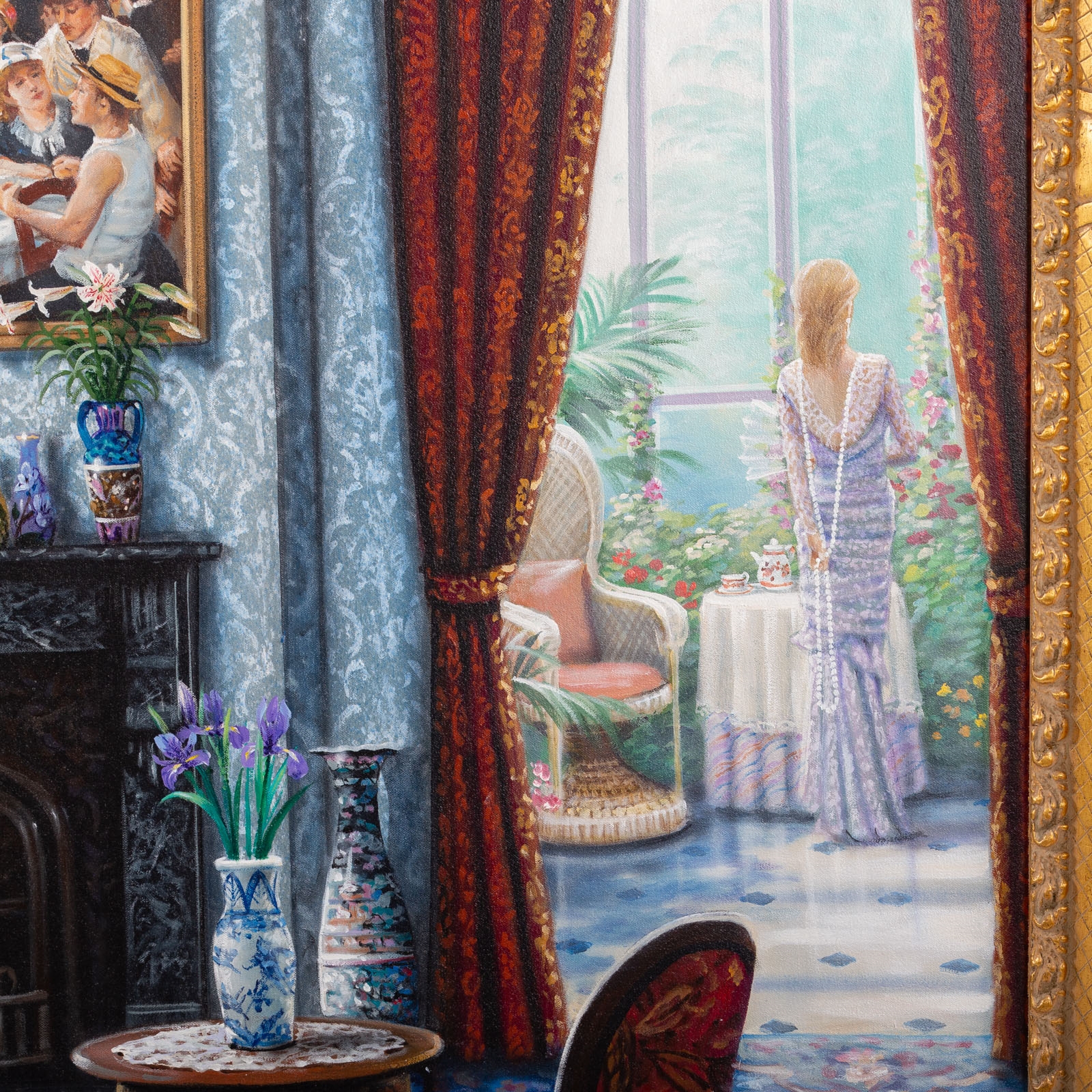 A richly detailed interior scene featuring a formal living room with ornate furniture, floral patterns, and classical art.