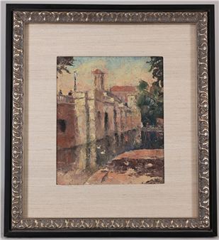 Oil on panel painting of a Venice Italy canal - Harry B. Lachman
