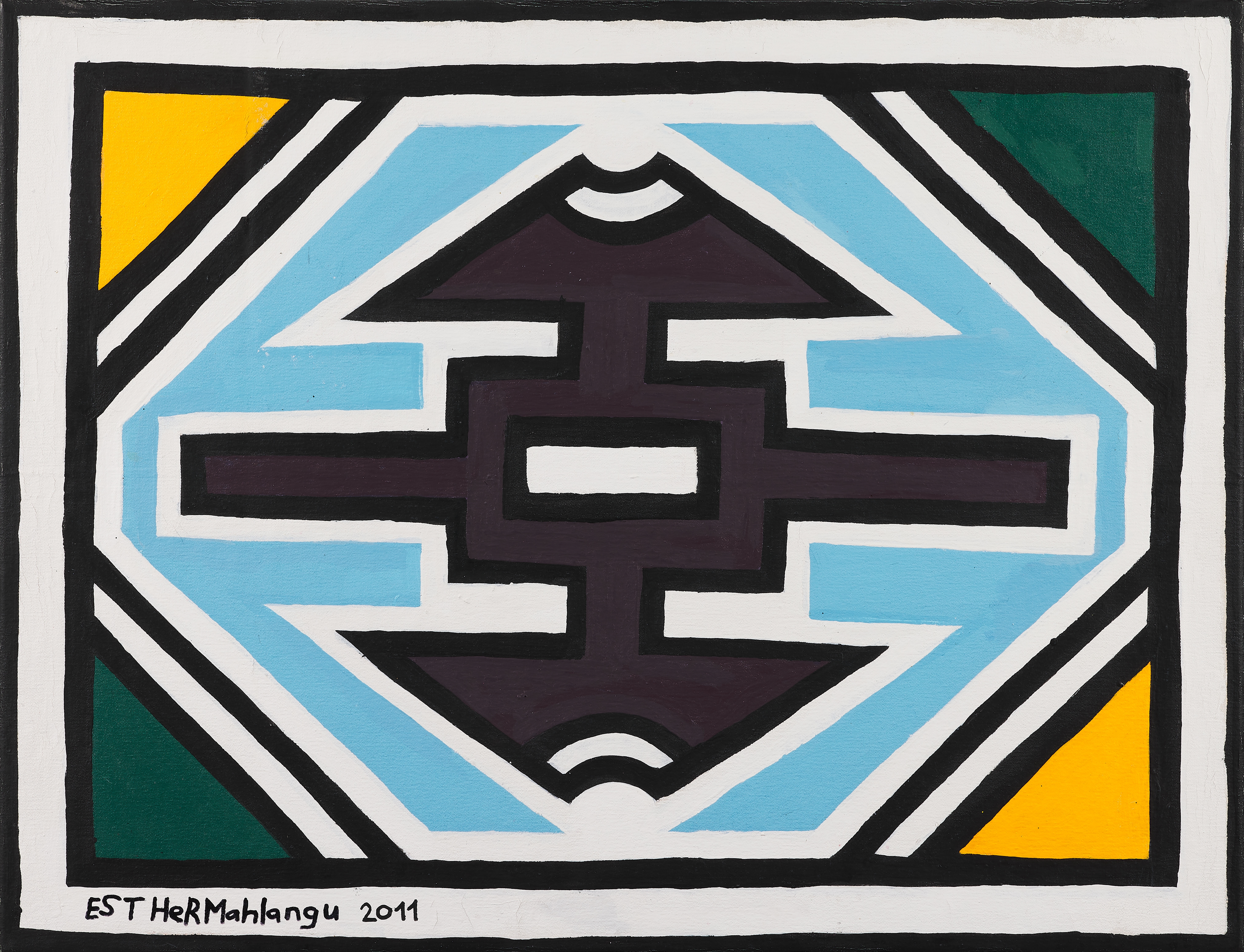 Artwork by Esther Mahlangu, Ndebele abstract, Made of Acrylic on canvas