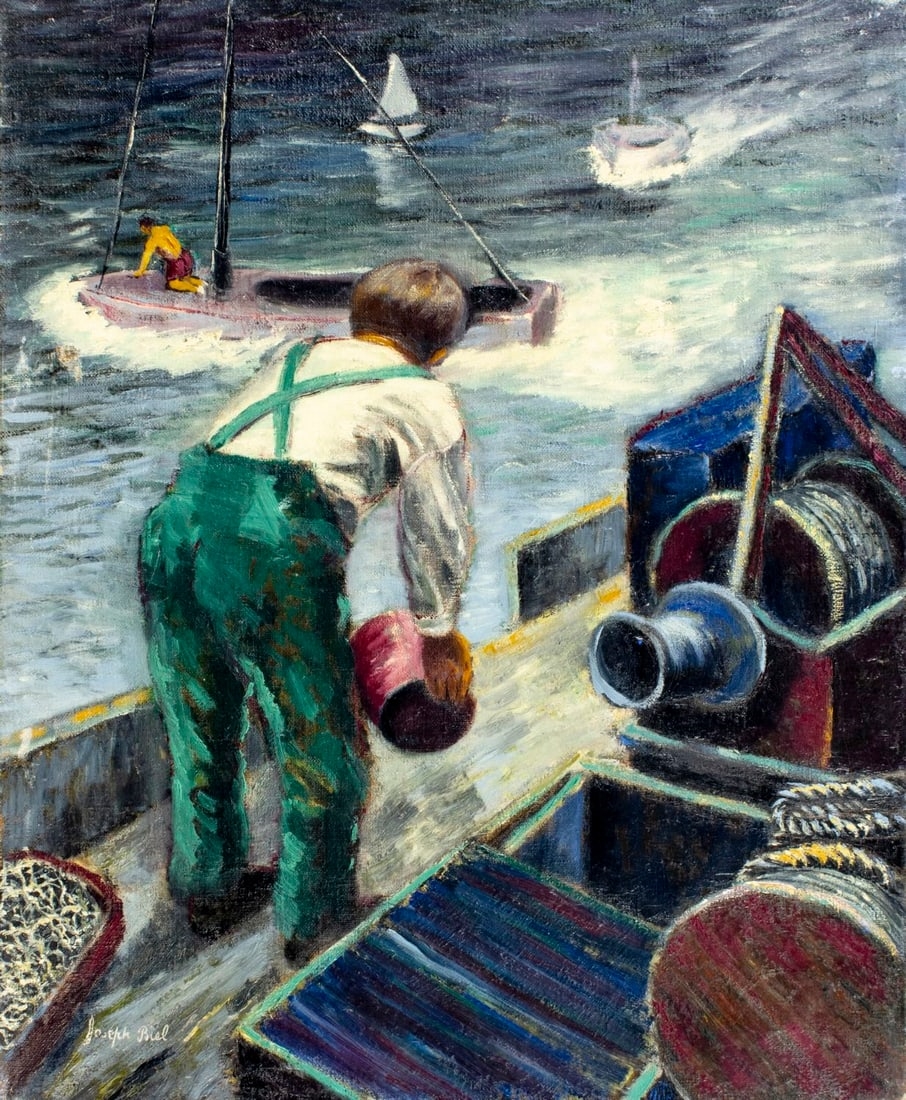 Artwork by Joseph Biel, Fisherman at Work on Dock, Made of Oil On Canvas