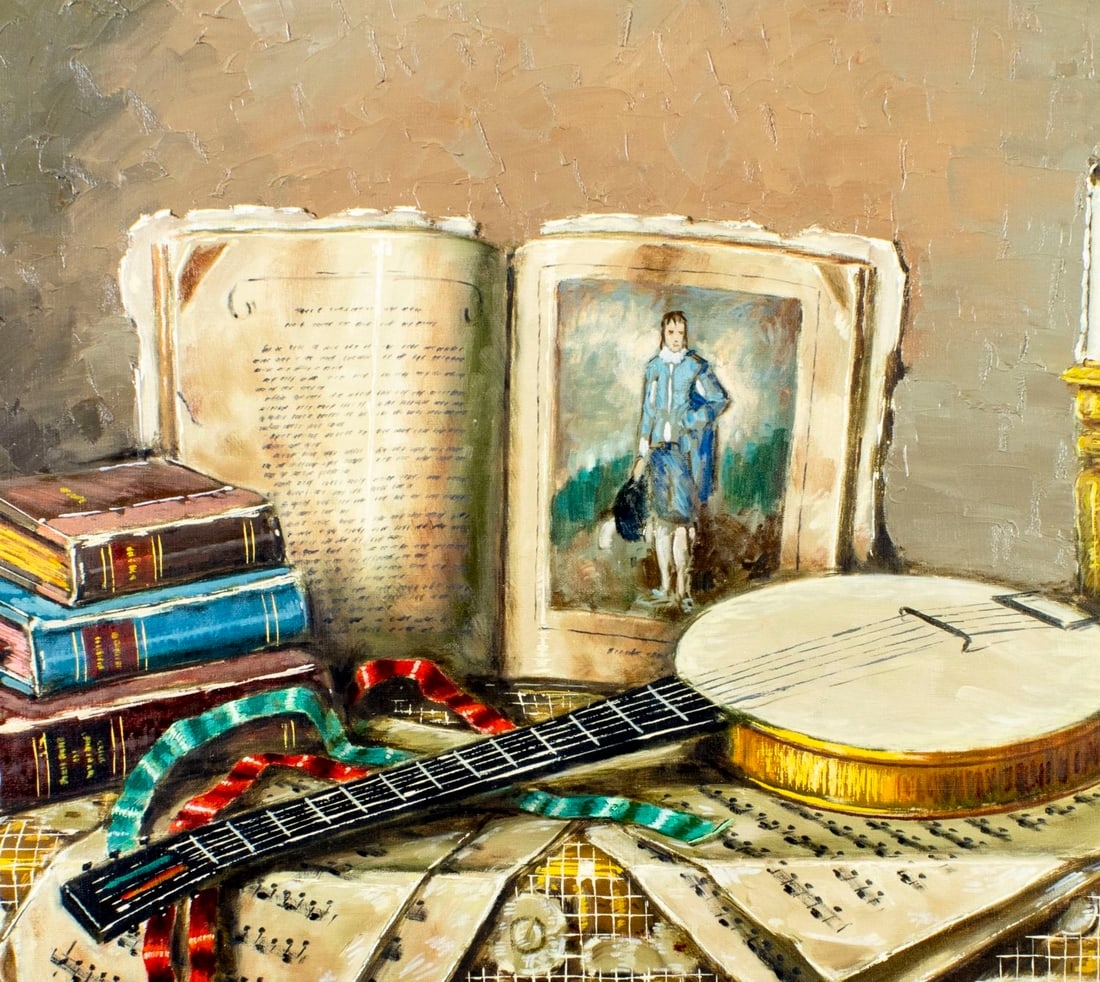 Artwork by Arisztid Szendy, Still Life with Books and Banjo, Made of Oil On Canvas