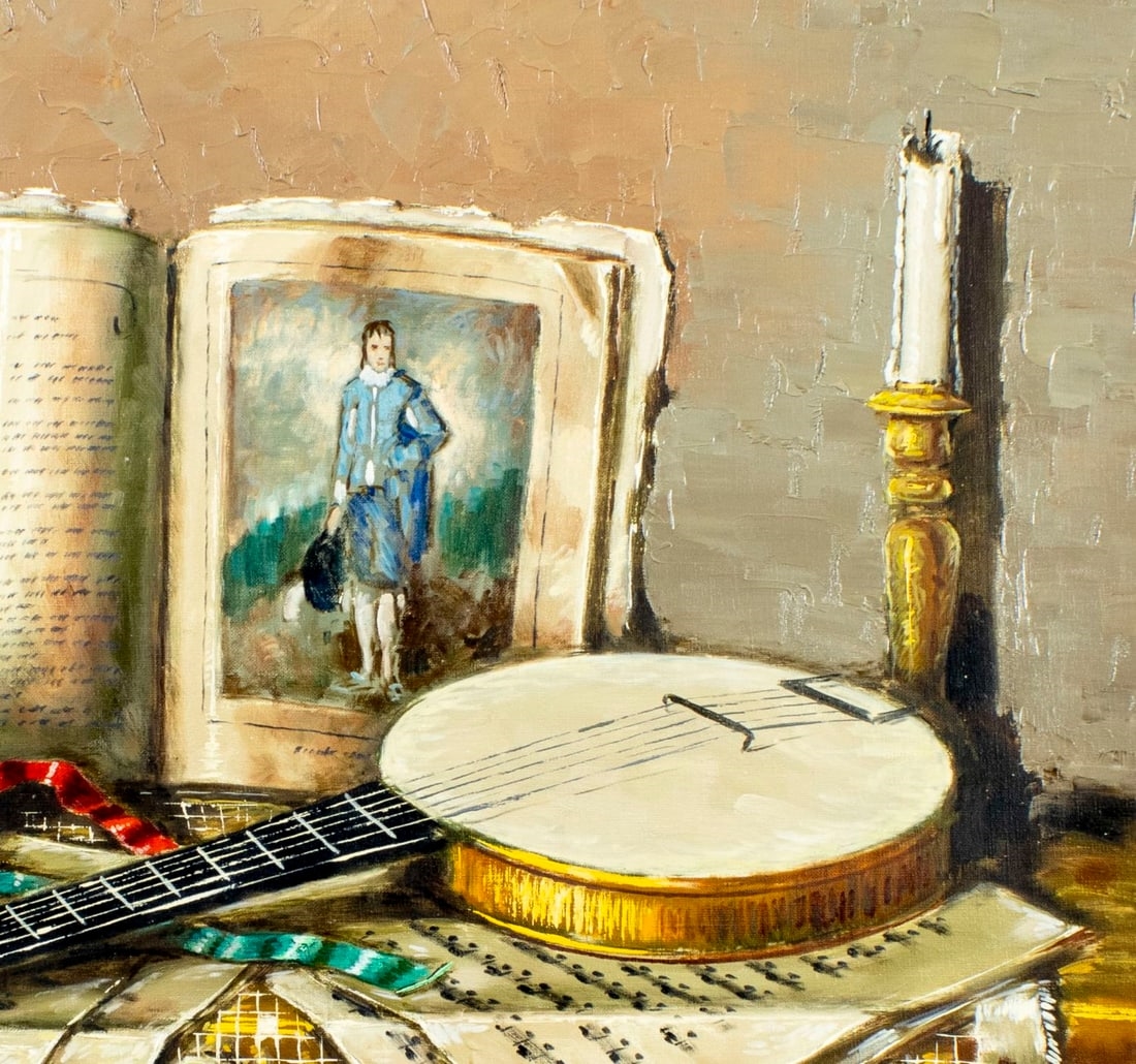 Artwork by Arisztid Szendy, Still Life with Books and Banjo, Made of Oil On Canvas