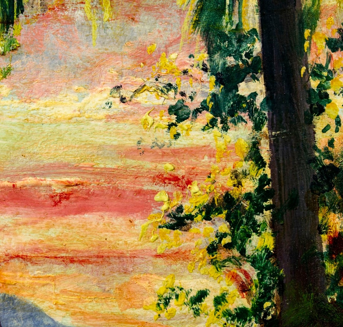 Artwork by Clarkson Dye, Sunset Coastal Landscape, Papcete Lagoon, Tahiti, Made of Oil On Board