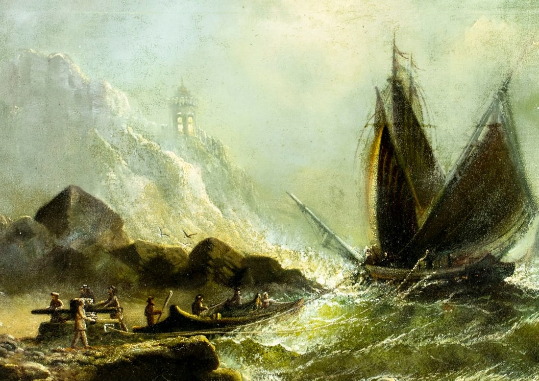 Artwork by American School, 19th Century, Stormy Seascape with Sailboats, Made of Oil On Canvas