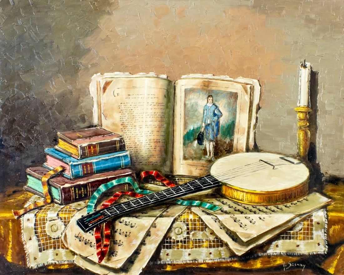 Artwork by Arisztid Szendy, Still Life with Books and Banjo, Made of Oil On Canvas