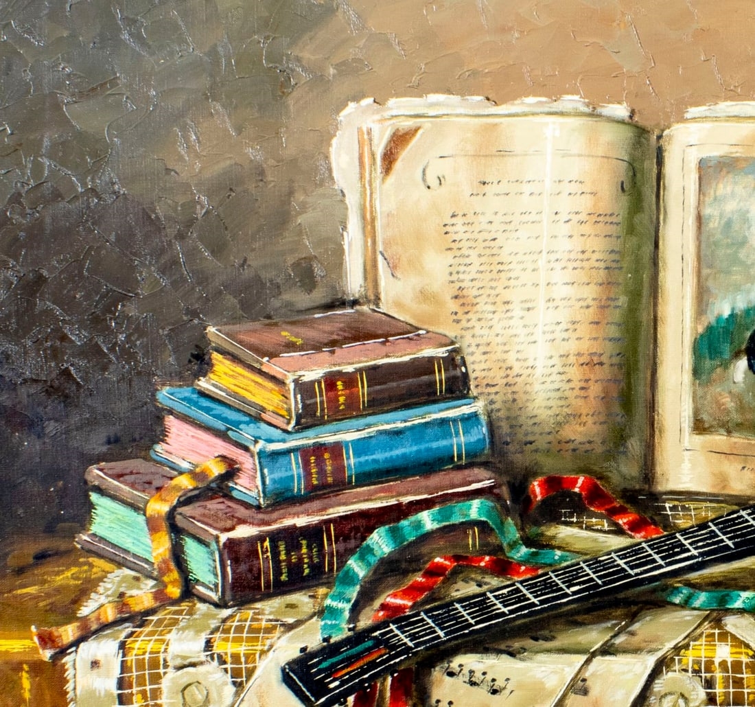Artwork by Arisztid Szendy, Still Life with Books and Banjo, Made of Oil On Canvas