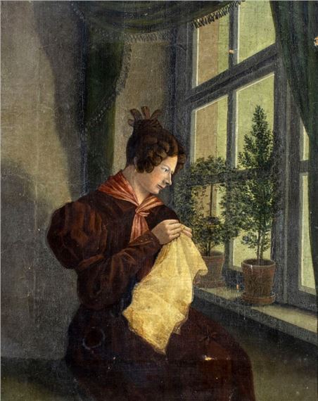 Woman Sewing by Window - American School, 19th Century