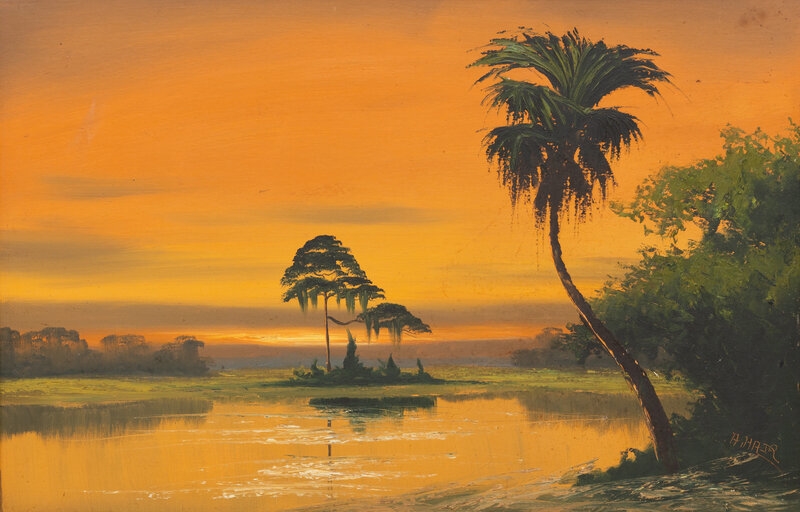 Artwork by Alfred Hair, 
Sunset over the Lagoon, Made of oil on board