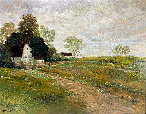 A pastoral landscape painting featuring a white farmhouse nestled among trees on a grassy hill.