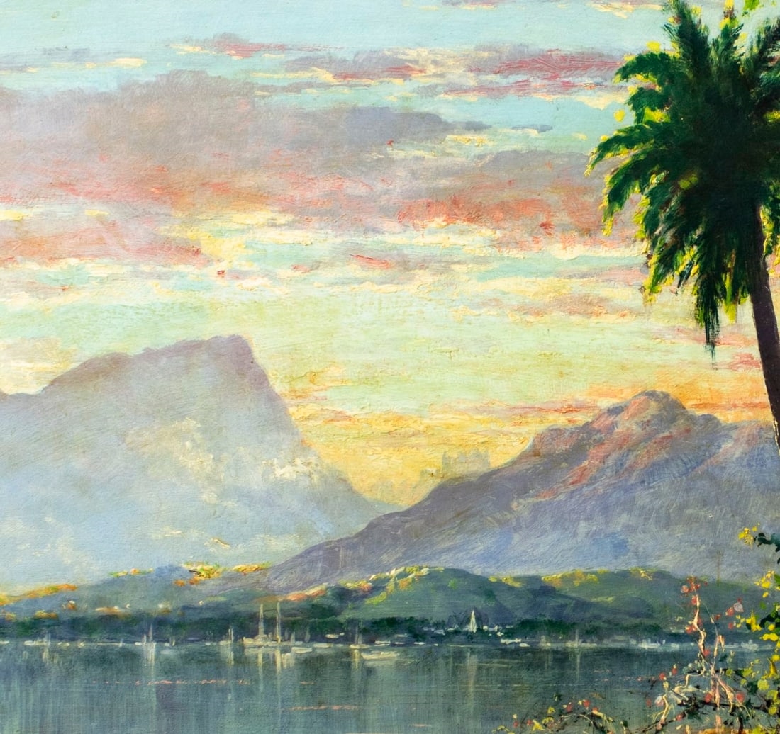 Artwork by Clarkson Dye, Sunset Coastal Landscape, Papcete Lagoon, Tahiti, Made of Oil On Board