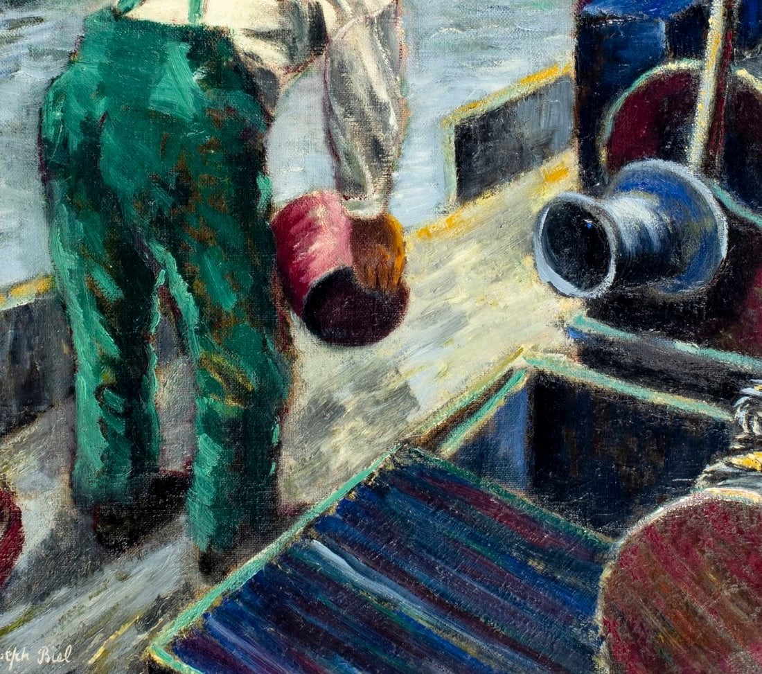 Artwork by Joseph Biel, Fisherman at Work on Dock, Made of Oil On Canvas