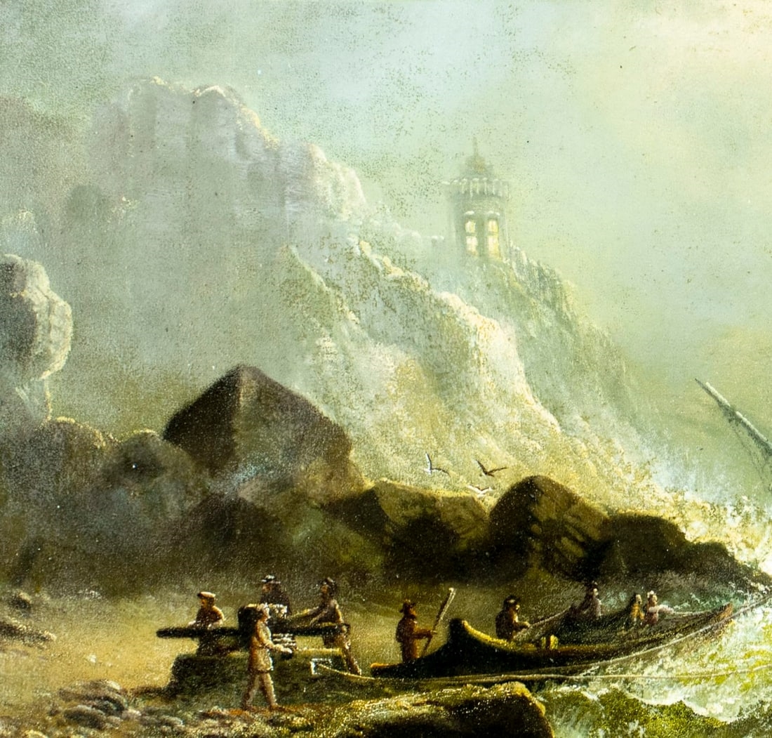 Artwork by American School, 19th Century, Stormy Seascape with Sailboats, Made of Oil On Canvas