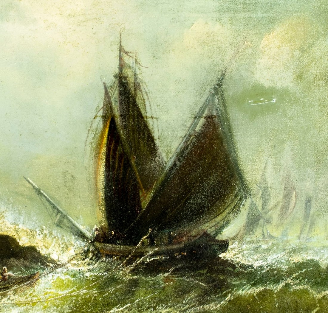 Artwork by American School, 19th Century, Stormy Seascape with Sailboats, Made of Oil On Canvas