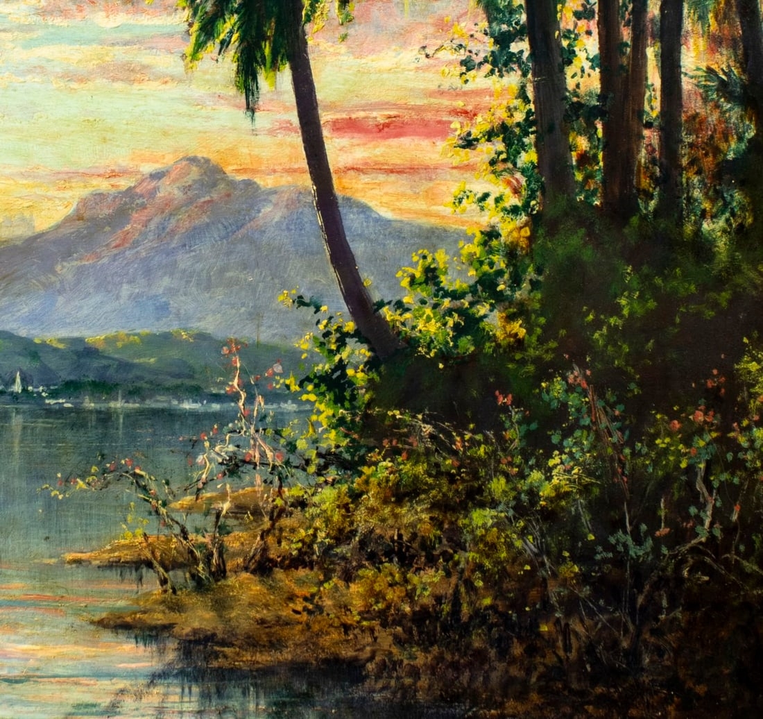 Artwork by Clarkson Dye, Sunset Coastal Landscape, Papcete Lagoon, Tahiti, Made of Oil On Board