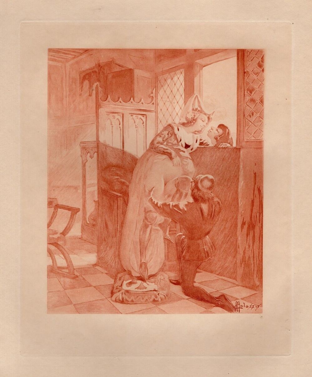 Artwork by Edmond Malassis, The Kiss II (Le baiser II, Made of Copper Plate Engraving In Red Ink On Velin Paper