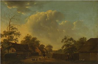 A village street scene with shepherds driving their flock - Andries Vermeulen