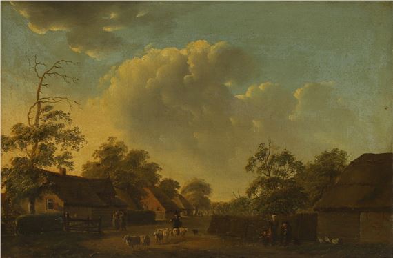 A village street scene with shepherds driving their flock - Andries Vermeulen