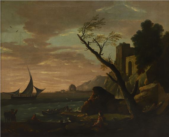 Carlo Bonavia | A coastal landscape with figures near a ruined castle ...