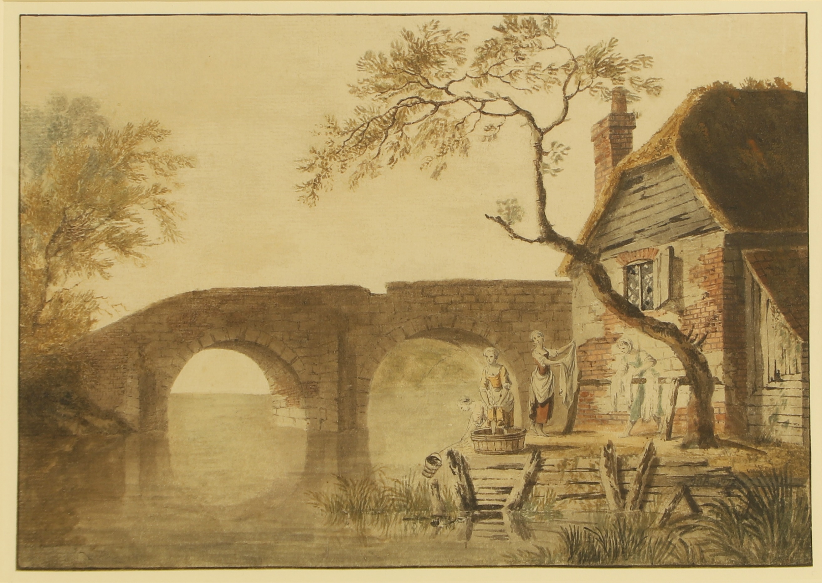 Artwork by John James Barralet, Women washing clothes by a river, Made of Pen And Ink And Watercolour