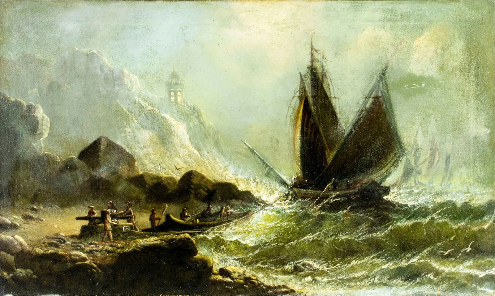 Artwork by American School, 19th Century, Stormy Seascape with Sailboats, Made of Oil On Canvas