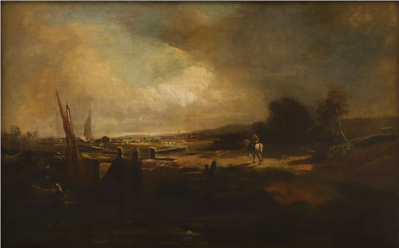 A river landscape with boats and a horseman by a lock - John Constable