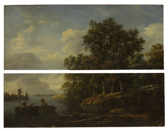 A wooded river landscape with figures in a boat in the foreground and a distant windmill - John Berney Crome