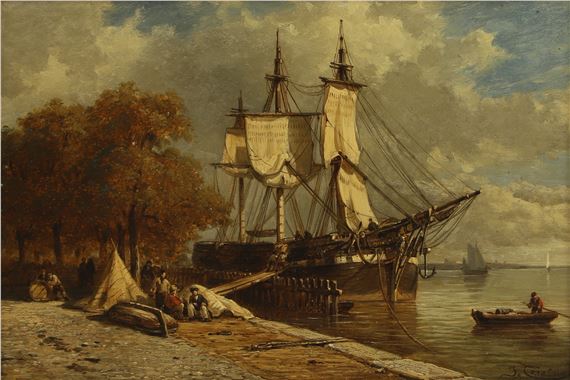 A ship moored by a jetty, near Rotterdam - Jacques François Carabain