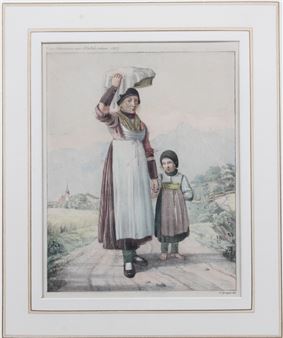 A watercolor scene of a woman carrying a cloth on her head, walking hand-in-hand with a small child along a rural path.