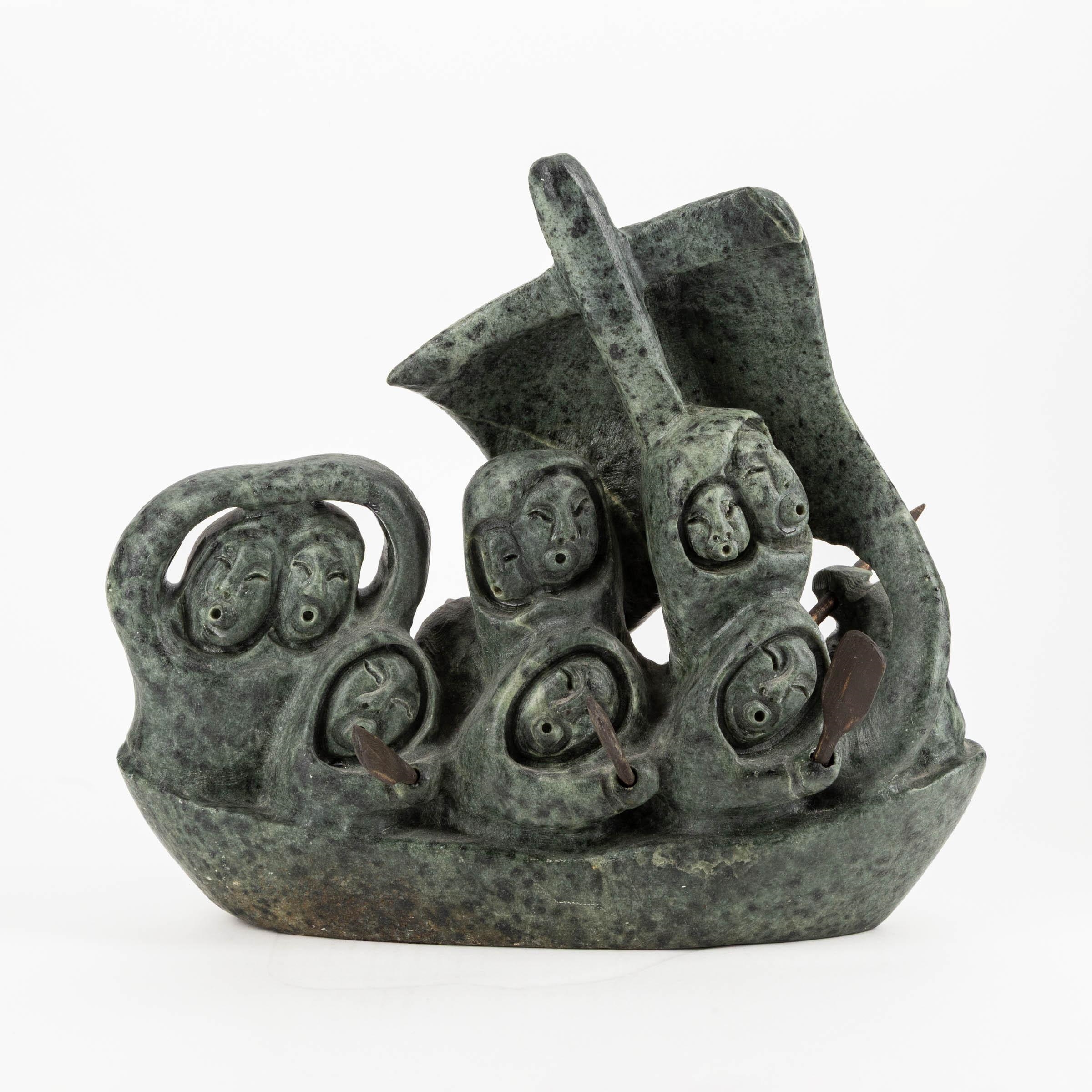 Artwork by Jonasie Faber, TRAVELLERS ABOARD UMIAK, Made of Stone, Wood