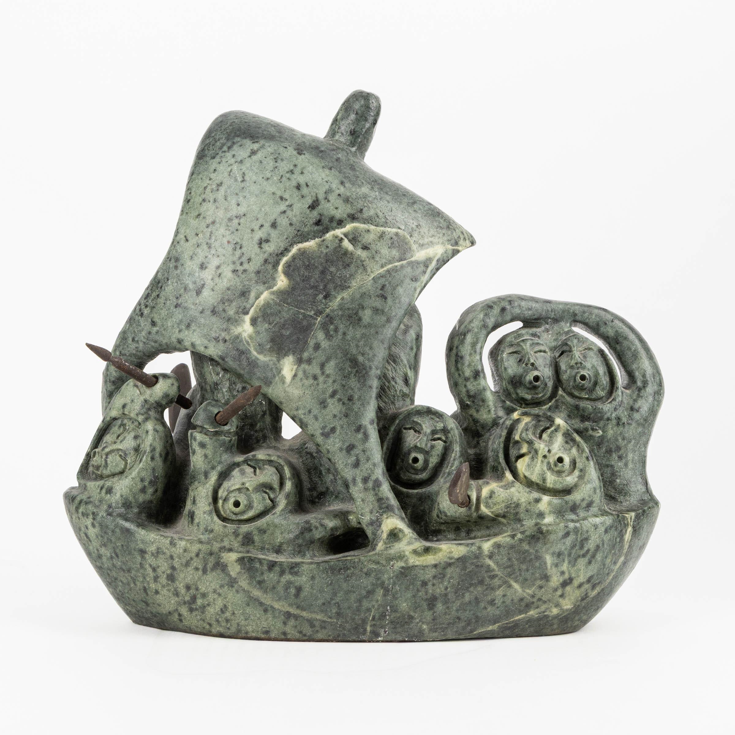 Artwork by Jonasie Faber, TRAVELLERS ABOARD UMIAK, Made of Stone, Wood