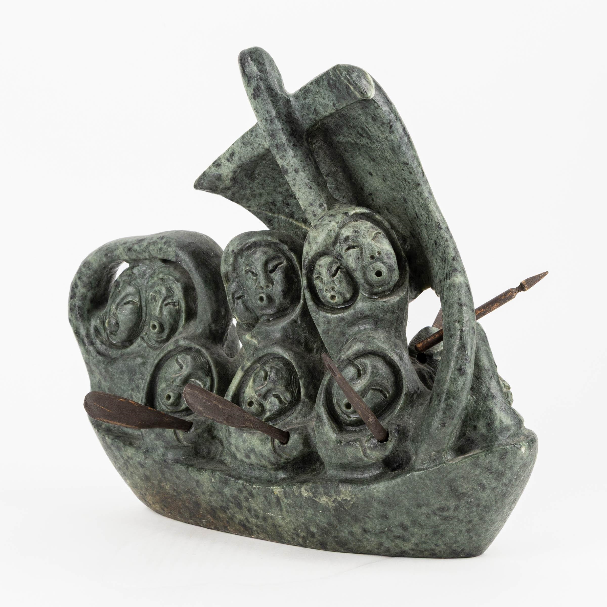 Artwork by Jonasie Faber, TRAVELLERS ABOARD UMIAK, Made of Stone, Wood