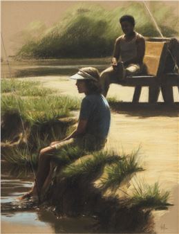 A serene painting of two figures fishing by a riverbank.