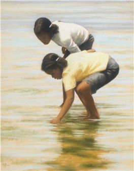 A tender pastel painting of two figures playing in shallow water.