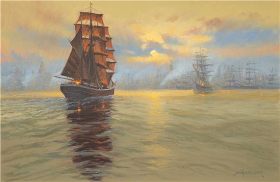 A maritime scene featuring a prominent sailing ship navigating calm waters under a warm, golden sky.