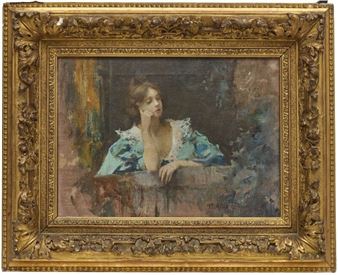 A contemplative figure in a blue patterned dress rests her chin on her hand, framed by an ornate golden border.