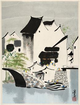 Townscape behind a bridge at the riverbank - Chen Wei