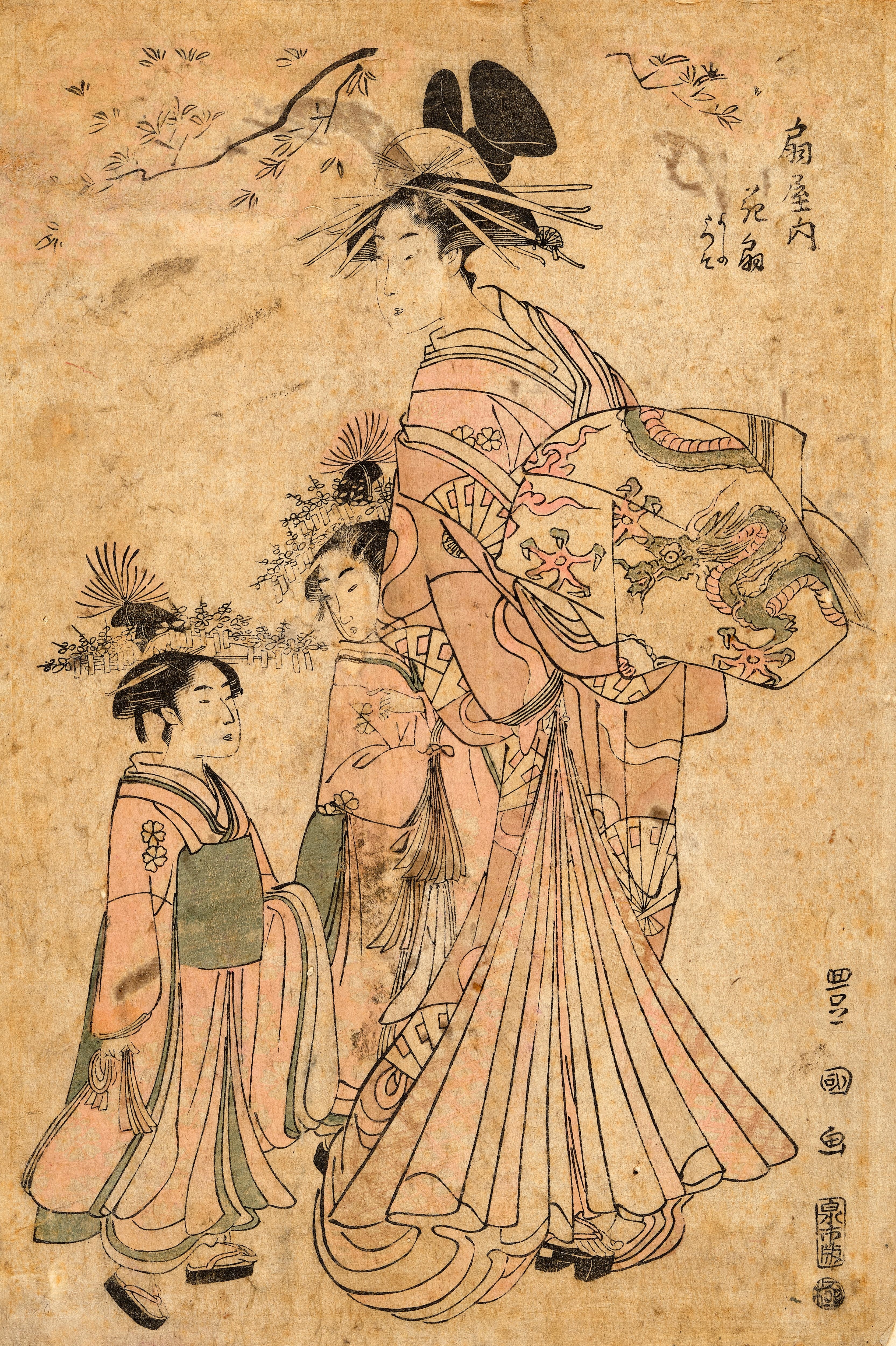 Artwork by Utagawa Toyokuni, The Courtesan Hanaogi, kamuro Yoshino and Tatsuso from the Ogi house, Made of Nishiki-E