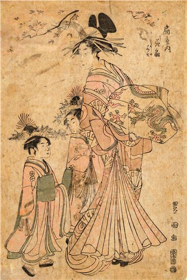 The Courtesan Hanaogi, kamuro Yoshino and Tatsuso from the Ogi house - Utagawa Toyokuni
