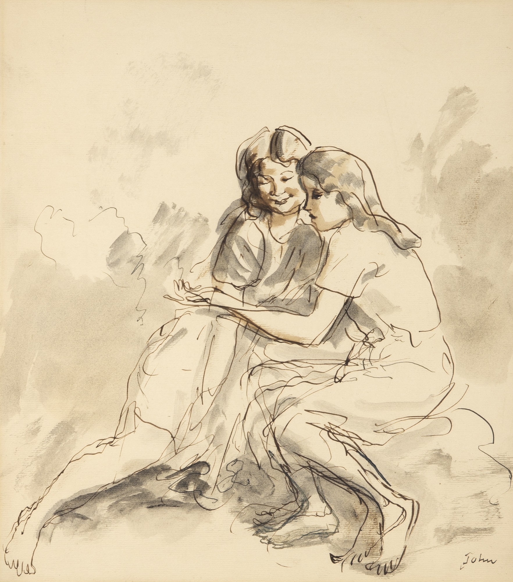 Artwork by Augustus Edwin John, Two Girls, Made of Ink And Wash On Paper