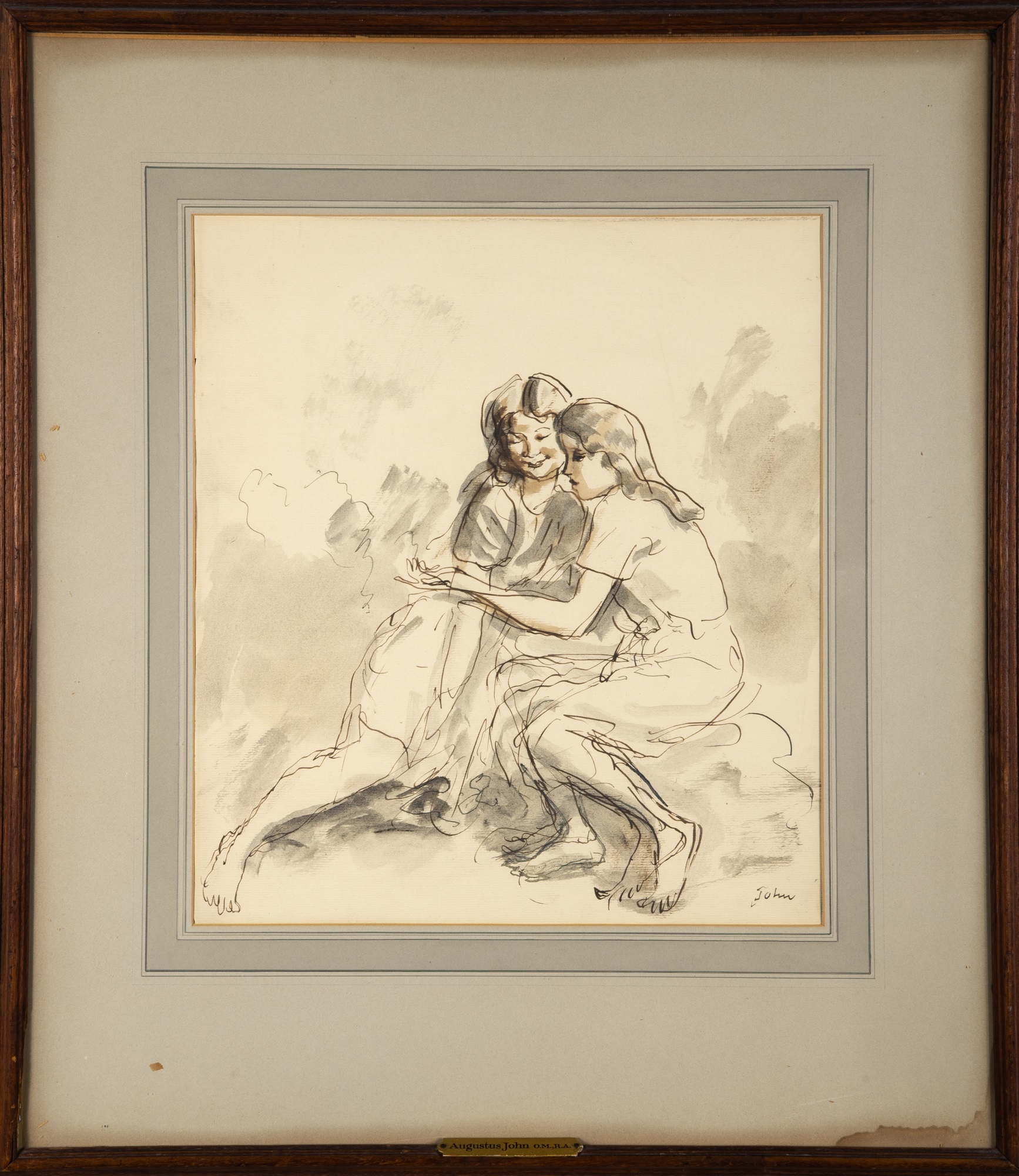 Artwork by Augustus Edwin John, Two Girls, Made of Ink And Wash On Paper
