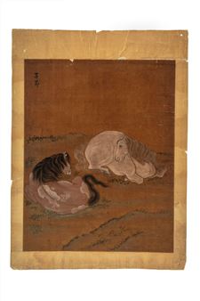 Oil on canvas painting depicting two crouching horses