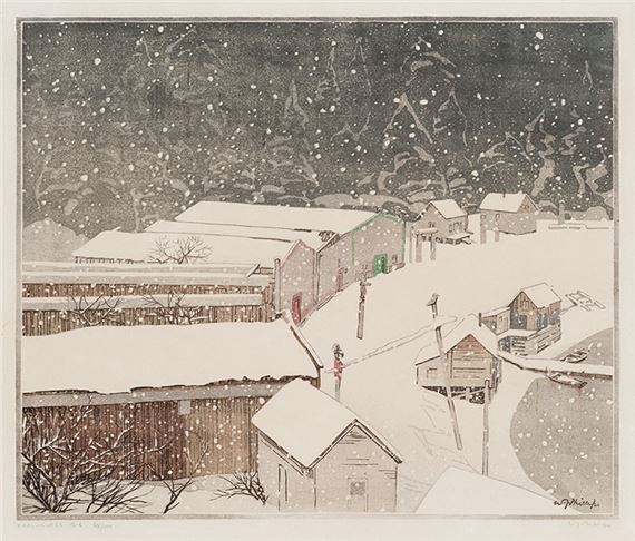 A snowy village scene rendered in a woodcut style with falling snow and rustic buildings.