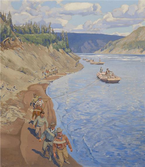 A group of figures haul a boat along a riverbank under a bright sky.